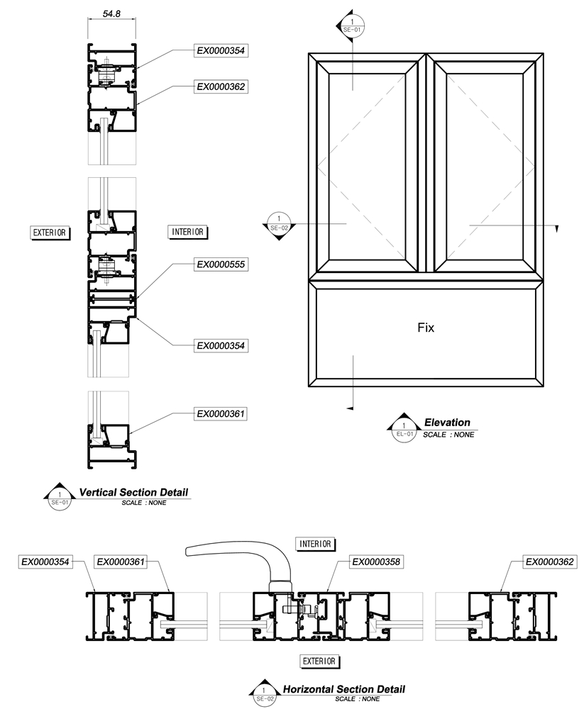 Bản vẽ thiết kế cửa mở lật và cố định hệ HD55